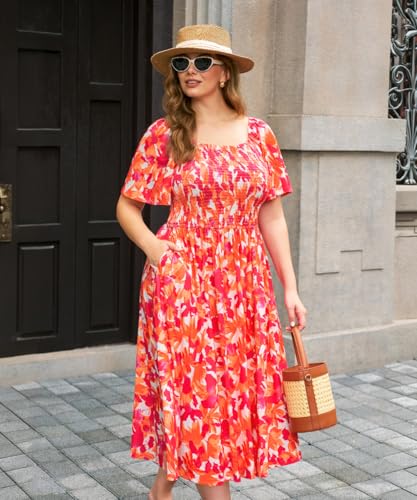 Image of RITERA Plus Size Dresses for Curvy Women Square Neck Short Sleeve Summer Floral Smocked Maxi Dress with Pocket XL-5XL