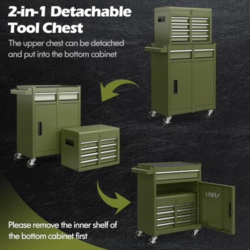 COSTWAY Large Rolling Tool Cabinet, 2 in 1 Detachable Metal Tool Chest with Drawers, Wheels, Handle and Hooks, Lockable Tool Box Trolley for Garage Workshop - Image 4