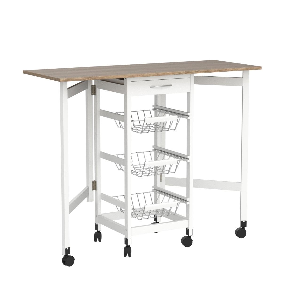 HOMCOM Chariot de Service Multi-Rangements Tiroir MDF Blanc Chêne Clair | Desserte de Cuisine à Roulettes, 3 Paniers Métal, Rallonges