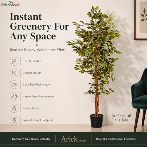 Image of ARICK DECOR 6Ft Artificial Variegated Ficus Tree in Pot, 6ft Realistic Faux White and Green Silk Leaf Plant, Peacock Shaped Large Floor Decor for Home, Office & Balcony