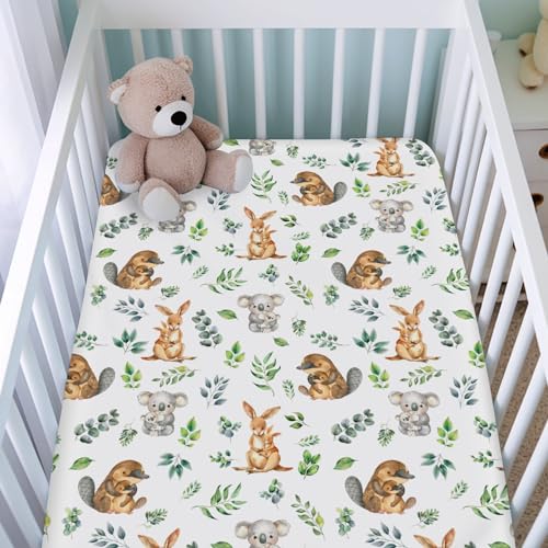 Image of Baby Australian Animals Crib Sheets for Girl Boy 52 inchx28 inch Koala Kangaroo Green Leaves Crib Mattress Covers Soft Breathable Fitted Nursery Baby Bed Sheets Fits Standard Crib and Toddler Mattress