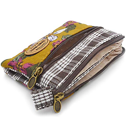 Women Small Zipper Coin Purse - Handmade Fabric Flower Embroidered Change Pouch - Cotton Double Zipper Wallet #TOP6