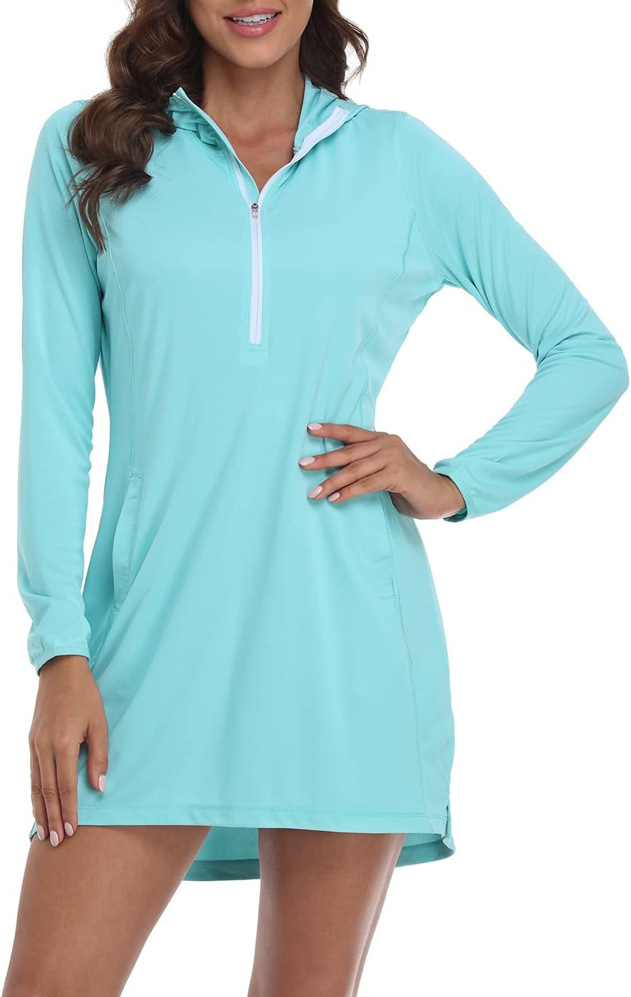 HDE Beach Coverups for Women UPF 50 Long Sleeve Swim Cover Up Dress with Hood Quick Dry Sun Protection Tunic with Pockets