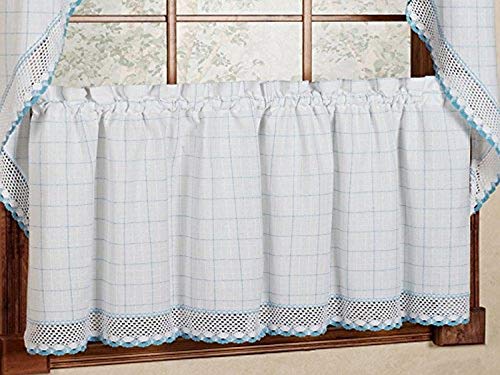 Image of Sweet Home Collection Adirondack Cotton Kitchen Window Curtains Pair, 24 inch Tier, White /Blue