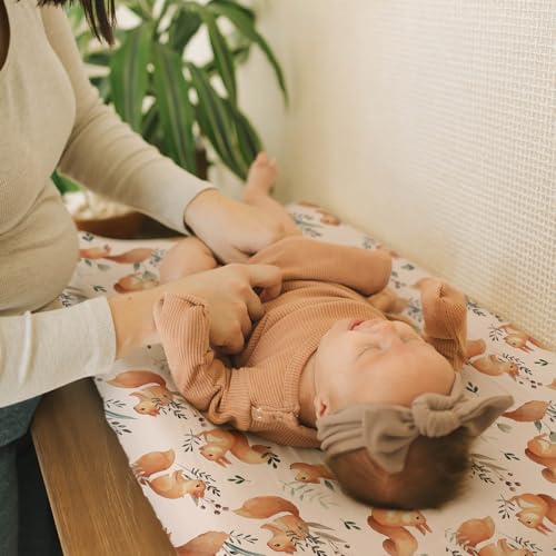 Image of BROLEX Changing Pad Covers for Baby: Boy Girls Ultra Stretchy Soft 2 Pack, Squirrel Foliage