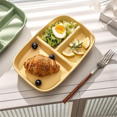Image of Unbreakable Wheat Straw Plate with 3 Compartments Reusable Plastic Tray for Wedding Birthday Party, Dinner, Fruits, Salad, Cupcake, Steak Dishwasher & Microwave Safe (Yellow, Pack of 2)
