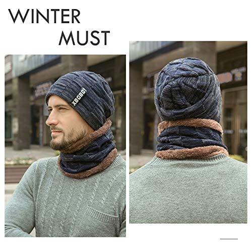 Winter Beanie Hat Scarf Set For Men Women, Warm Fleece Lined Knit Hat Skull Cap Thick Neck Warmer Winter Gift Set Navy #TOP6