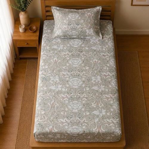 Image of Linen Home Cotton Percale Fitted Bedsheet Set Single Size Damask Brown