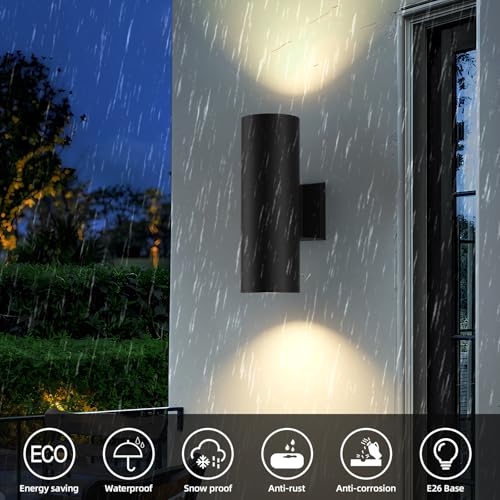 Image of JAYMP 11.8 inch Up and Down Wall Sconce Aluminum Modern Outdoor Light, Black Round IP65 Waterproof Exterior Wall Lamp for Front Door Patio Porch Staircase Hallway
