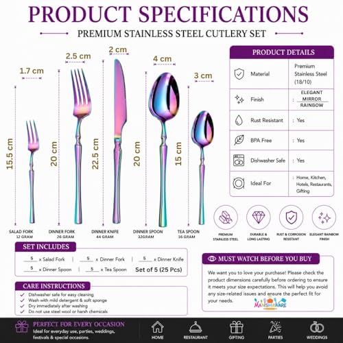 Image of Elegant Handle Rainbow 25 Pcs Stainless Steel Cutlery Set for Dining Table, Dishwasher Safe Glossy Flatware (5 Spoon Set+5 Forks Set+5 Butter Knife+5 Dessert Spoon+5 Fruit Fork)