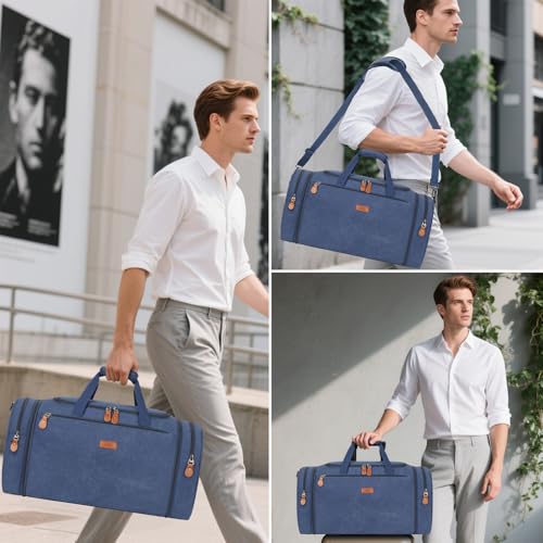 Image of Canvas Mens Duffle Bag for Travel - Expandable 50L Weekender Bags with Toiletry Bag, Overnight Bag Travel Duffel Carry On Luggage with Removable Shoulder Strap, Durable & Water-Resistant