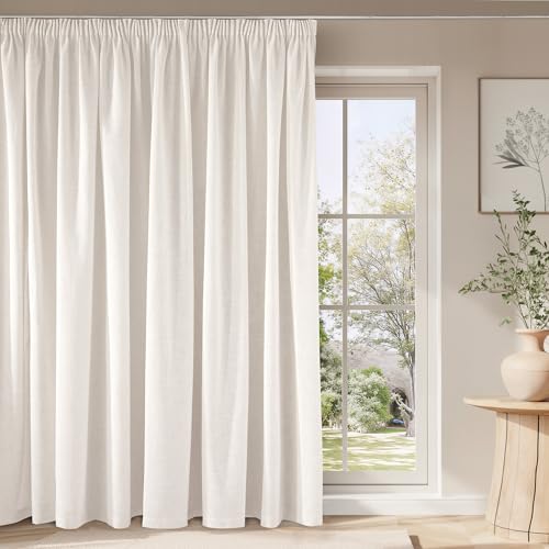 PONY DANCE Rideau Voilage Lin Decoration Maison Salon Chambre Cuisine Fenetre, Panneaux Galon Fronceur Draperies Intérieurs, Écru, Lot de 1, Chaque Panneau:...