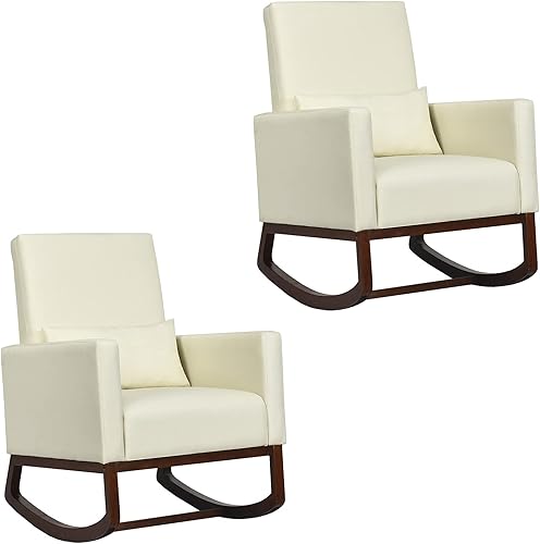 Miniatura 10 de Giantex Mecedora de tela con respaldo alto y almohada para la cintura, de madera, cónica y mecedora de dos patas, silla tapizada multifuncional para