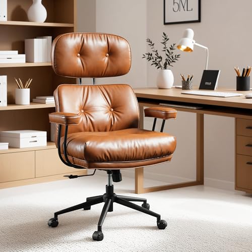 Image of ovios Ergonomic Office Chair, High Back Faux Leather Executive Chairs with Thick Cushion, Comfy Mid-Century Modern Swivel Rolling Computer Armchair (Brown, PU Leather)