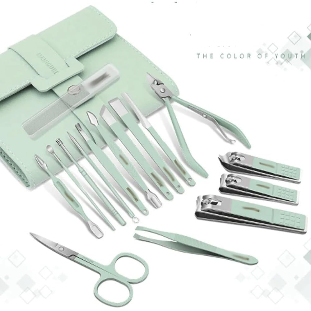 Cortaúñas de 16 Piezas para el hogar, Kit de manicura de Acero Inoxidable, portátil para Viaje, imprescindible para manicura (Amarillo)