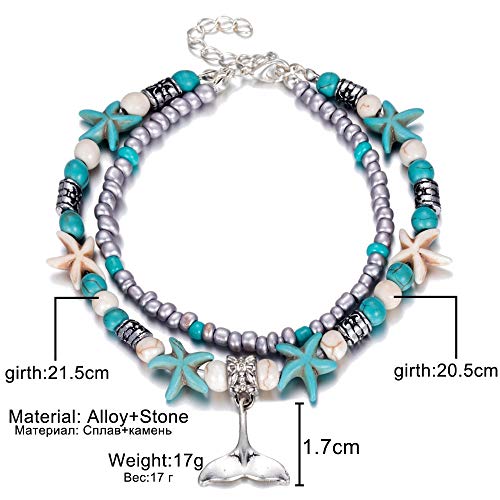 Image of Softones Blue Starfish Turtle Anklet Multilayer Charm Beads Sea Handmade Boho Anklet Foot Jewelry for Women