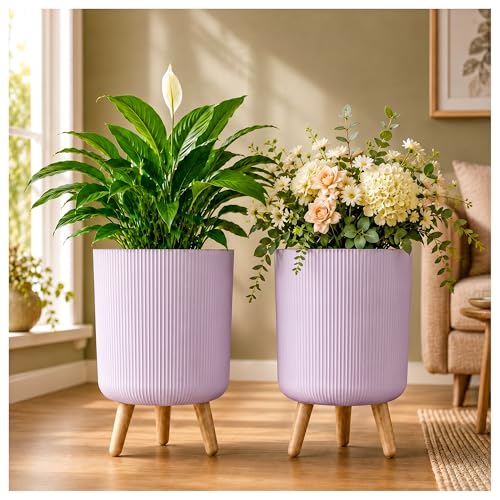 Image of Eightiz Store Modern Lavender Flower Pot with Plastic Legs | Indoor Outdoor Planter for Home Garden Balcony Decor Ribbed Design Sturdy Plastic Mid-Century Style (Lavender, Pack of 2)