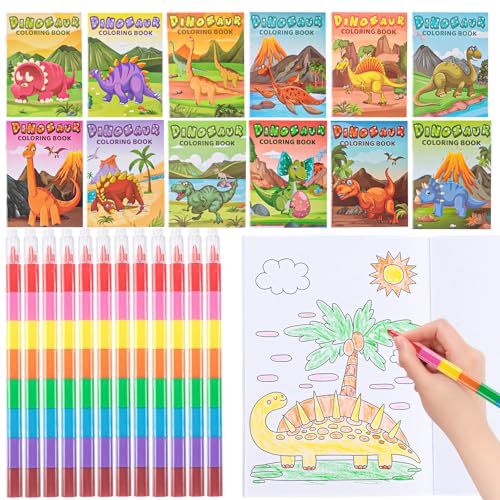 Phlognfy Set di Libri da Colorare Dinosauri, 12 Libri Colorare Bambini + 12 Pastelli Cera Impilabili (8 colori in 1), Regali Feste Dinosauri, Regali Feste Compleanno Bambini Dinos per Ragazze Ragazzi