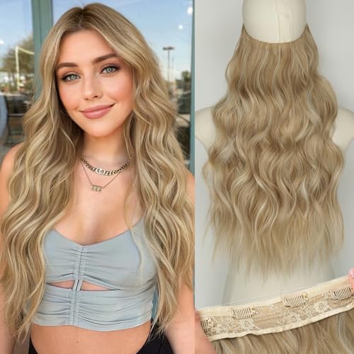 KooKaStyle Invisible Wire Hair Extensions with Transparent Wire Headband Adjustable Size 4 Secure Clips Long Wavy Synthetic Hairpiece for Women(20inch Beige Blonde mix Lvory Blonde Highlights)