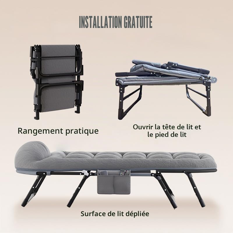 HUOLE Lit de Camp Pliable, Lit Pliant pour Les Siestes et Le campingChaise Longue Pliante Réglable avec Coussin, Bedchair Portable, Matelas Pliable pour Bureau, Piscine, Plage,180 cm - 8 Pieds - Gris