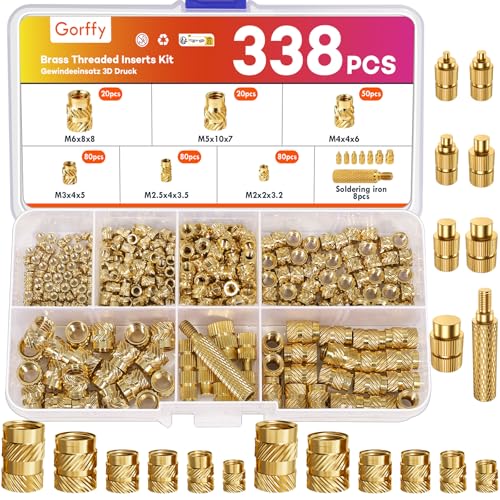Gorffy 338 Stück Gewindeeinsatz 3D Druck M2 M2.5 M3 M4 M5 M6 Einschmelzgewinde mit Lötkolben Einschmelzhilfe Set Messing Einpressmuttern Gerändelt Einschmelzmuttern Gewindeeinsätze für 3D Drucker