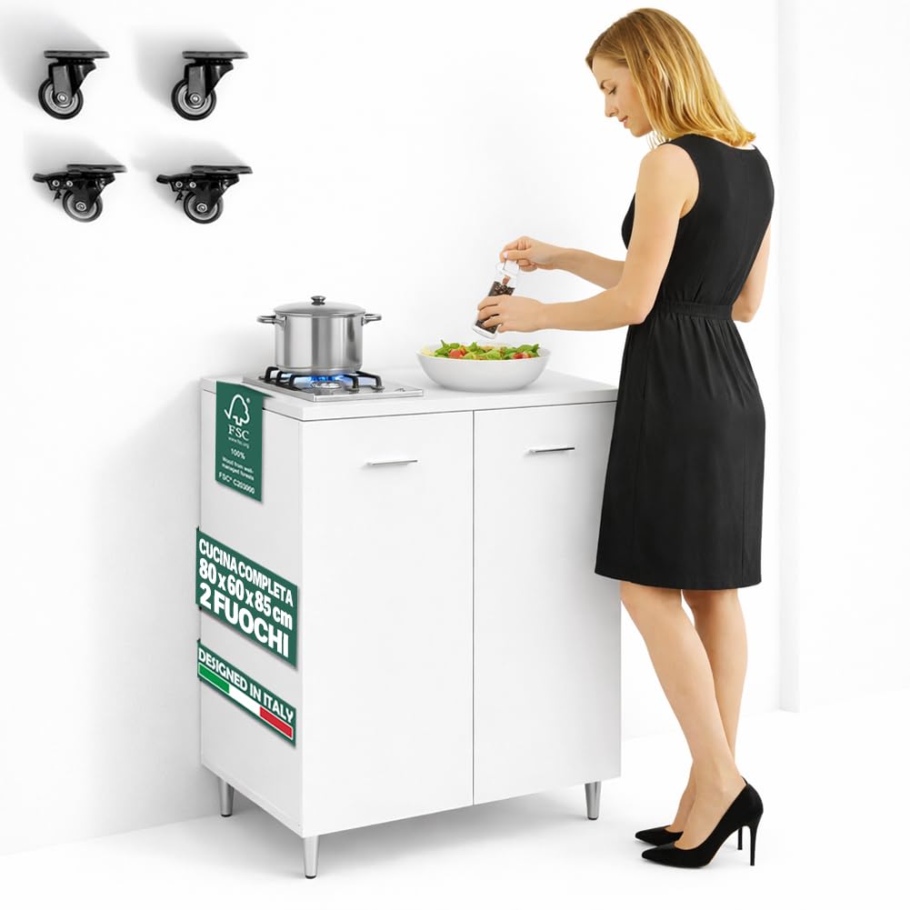 Shally Dogan Mobile Base da Cucina con Piano Cottura a Gas 2 Fuochi, 2 Ante, 80 x 60 x 85 cm, Piastre in Ghisa Resistenti, Montaggio con Piedini Fissi o Ruote, Kit Completo Monoblocco, Bianco