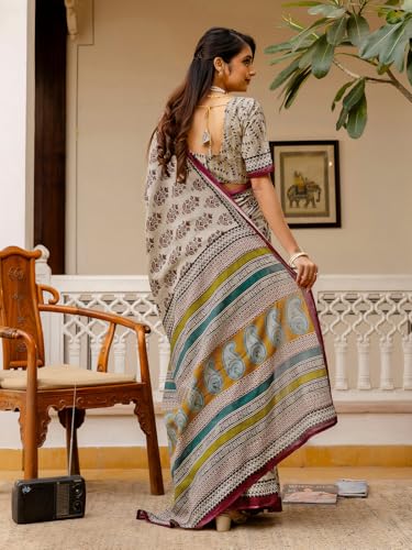Image of SIRIL Women's Printed Ready to Wear Mul Cotton Saree With Unstitched Blouse Piece