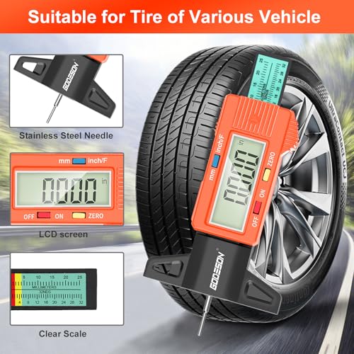 Image of Godeson Digital Tread Gauge with 3 Modes - Fractional Inch, Color-Coded Bar - Suitable for All Vehicle Tires - Orange