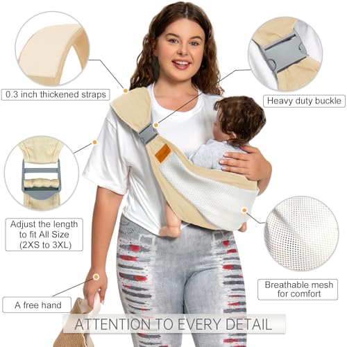 Shiaon Baby Sling Carrier, Baby Carrier Newborn to Toddler(7-45lbs), Toddler Carrier with Safety Buckle, One Shoulder Adjustable Shoulder Strap, One Size Fits All, Mesh Beige