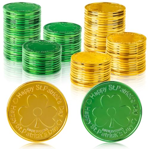 LOJAYUVE St Patricks Day Gold Coins, 56-Pack (28 Green & 28 Gold) 1.38In Shamrock Plastic Coins for St Patricks Day Decorations, St Patrick Day Gold Coins, Party Favors, Table Decor