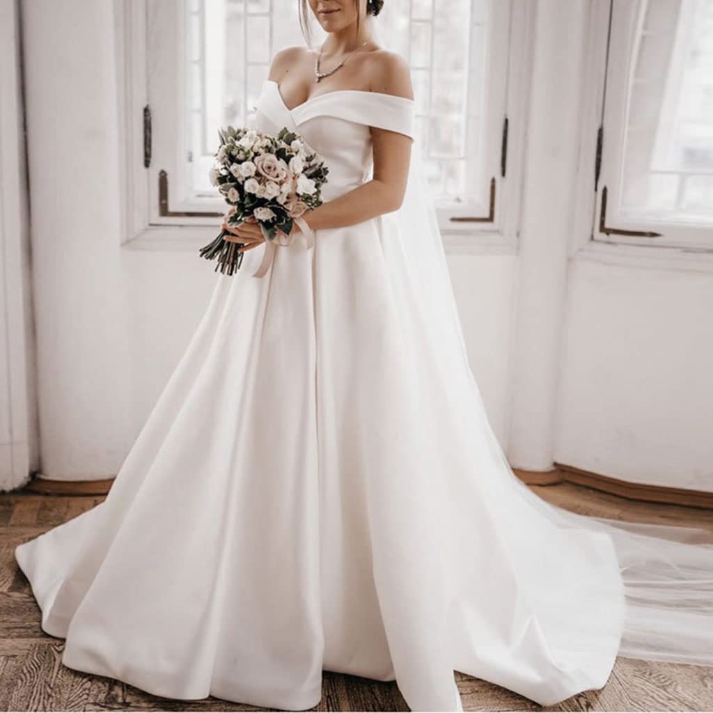 ホワイトVネックオフショルダーサテンロングテールウェディングドレス花嫁用、フレンチサテンブライダルウェディングドレスロマンチックなカスタムプラスサイズの女性用イブニングドレス  White 42