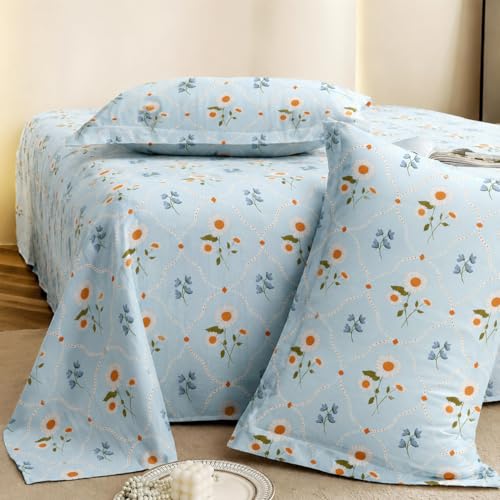 Image of DECOR2ADMIRE 300TC Glace Cotton Printed Super King Size Double Bedsheet with Two Pillow Covers, 108 x 108 Inches or 9 Feet x 9 Feet - (Soft Sky Garden)