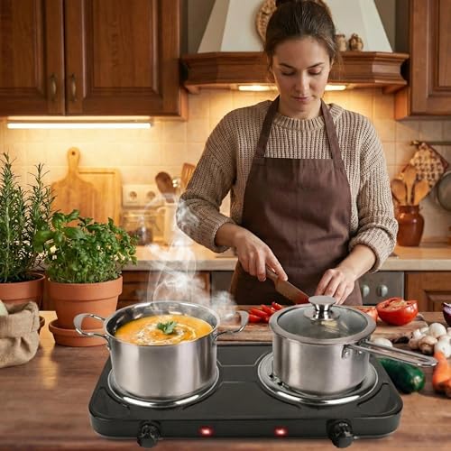 Image of 2000W Electric Portable Double Burner Coil Heating Hot Plate Stove | Countertop RV Hotplate Temperature Controls Easy to Clean for Camping RV Kitchen (Black)