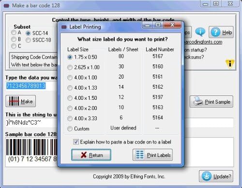 Label Printing dialog showing various label size options