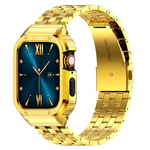 Bracelet Apple Watch 46mm en acier inoxydable doré robuste et élégant avec coque