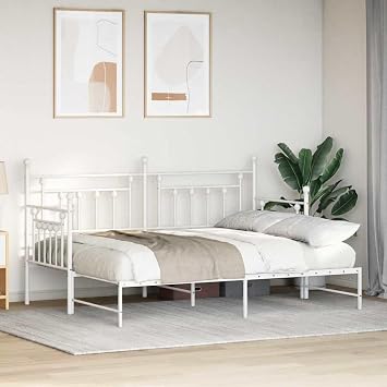Modern Rectangular Steel Daybed Frame with Headboard, White, 207x165x107 cm, Extendable Full Bed for Bedroom Furniture, Durable Guest Bedframe