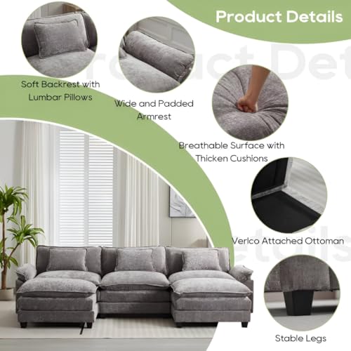 Image of Modern U Shaped Sectional Sofa, Plush Chenille Upholstery, Extra Deep Seats with Throw Pillows for Living Room Office Hotels (Grey)