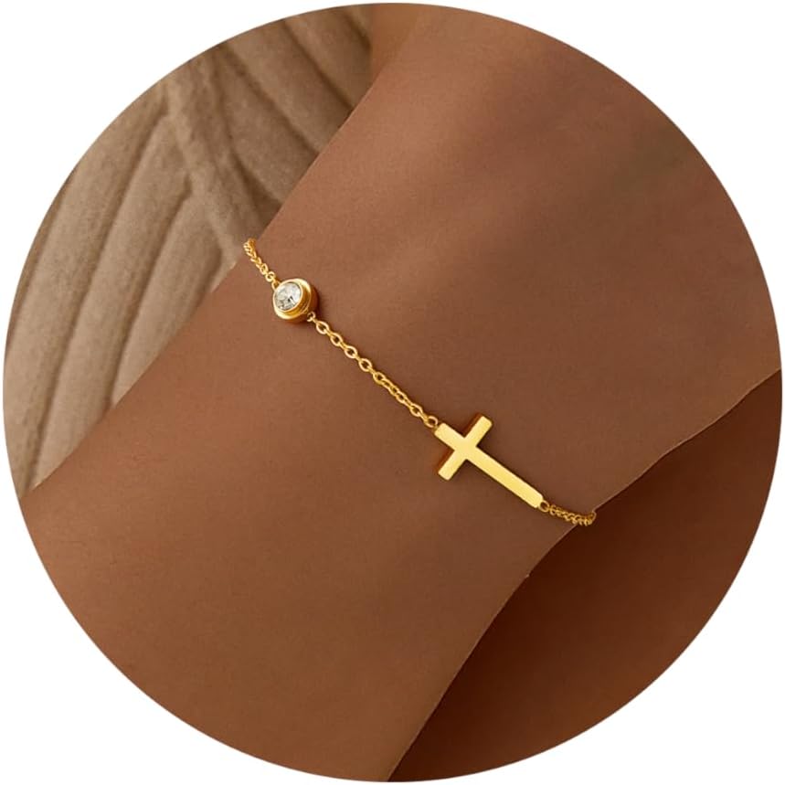 Doreenamoris Gold Bracelets for Women,Dainty Gold Cross Bracelet 14K Gold Plated CZ Bracelets for Women Trendy Bracelet Waterproof Chain Bracelet Gold Jewelry for Women Christian Baptism Gifts