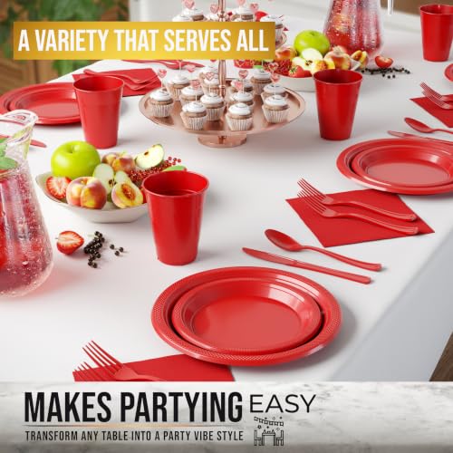 Image of Exquisite 350 Pcs Red Plates and Napkins Party Supplies Plate Sets | Sturdy Plastic Dinnerware Set With 9 inch & 7 inch Plates, 12 Oz Cups, Lunch Napkins and Cutlery Serves 50 for Birthdays & Everyday