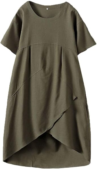 Tebreux Womens Linen Midi Dress Oversized Short Sleeve Sundress Baggy Tunic Dresses with Pockets