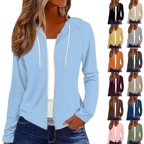 Zip Up Jackets for Women 2025 Fall Lightweight Sweatshirt Casual Long Sleeve Drawstring Shirts Plus Size Outwear Loose Fit Comfy Resort Wear Full Zipper Hooded Ladies Outfits Going Out Holiday Blue