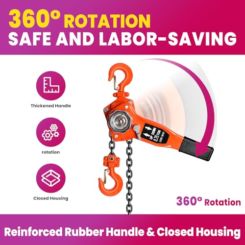 Manual Lever Chain Hoist, Come Along 3/4 Ton 1650 lbs Capacity 10 ft, G80 Galvanized Carbon Steel, Automatic Chain Guide and 360° Rotation Hook, Come Along Winch for Lifting Pulling, Chain Come Along