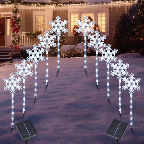Solar Christmas Snowflake Pathway Lights, Set of 10 Outdoor Garden Lights Decorations，Waterproof Stake Decorative Light for Yard Lawn Porch Walkway Decor (Cool White, 10 Pack) by BRIGHTDECK - Used condition - US$20.80