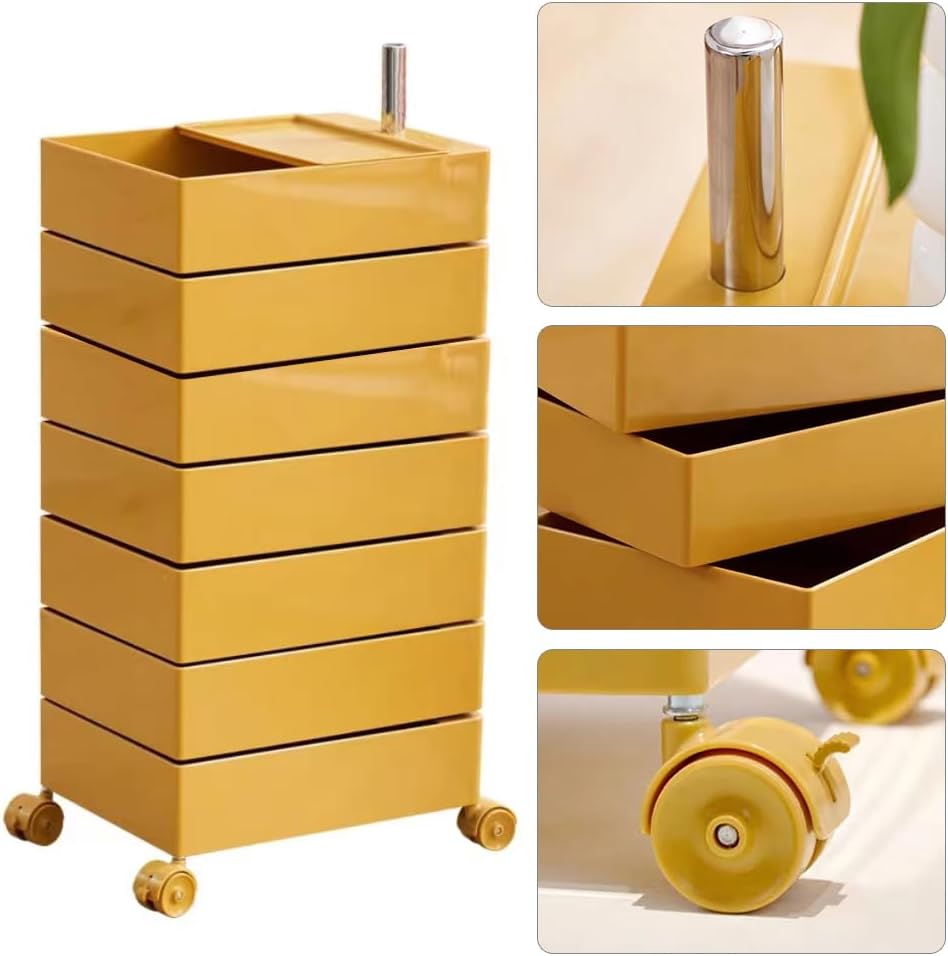 Drawer Chest with Wheels, 7 Tier End Side Table & Bedside Furniture, Drawers End Table, 360° Rotating and Removable Storage File Cabinet with Silent Wheels & Lock for Bedroom, Living Room,Yellow