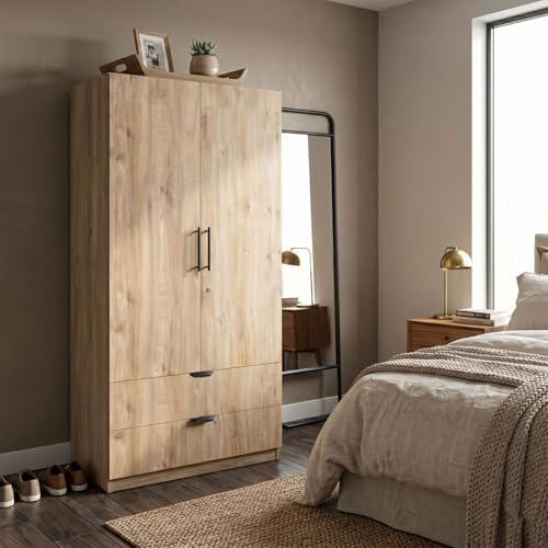 Image of FFO Keris 2 Door Wardrobe with 2 Drawers, Hanging Rod & Storage Shelves | Modern Clothes Almirah Cabinet with Lock & Black Handles for Home DIY.