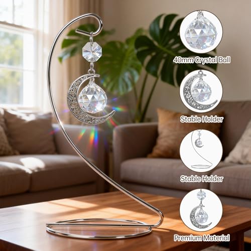 Memorial Crystal Suncatcher, IDEA SHOW Tabletop Suncatcher Bereavement Gift Idea, Sympathy Gifts for Loss of Loved One, Crystal Rainbow Prisms Maker Remembrance Ornament for Home Decor (Moon) — view 3