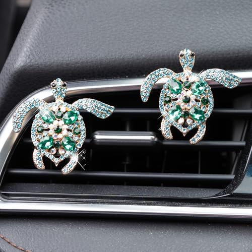 Rislobx 2 clips de ventilación para coche con diseño de tortuga brillante, difusor de aire de cristal para coche, clips de ventilación para decoración de coche, accesorios brillantes para mujer