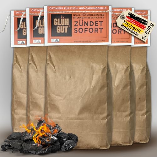 Glühgut Tischgrill-Holzkohle 650g x 5 (3.25 KG) – mit Anzündbeschichtung – Grillkohle, raucharm & schnellstartend – Körnung 20–50 mm – ideal für Lotus Grill, Balkon & Camping