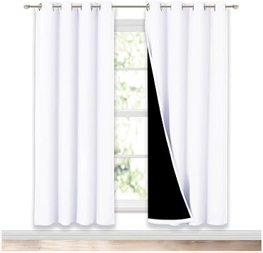 NICETOWN 100% Blackout Window Curtain Panels, Full Light Blocking Drapes with Black Liner for Nursery, 72 inch Drop Thermal Insulated Draperies White, 2 Pieces, 52-inch Wide Per Panel