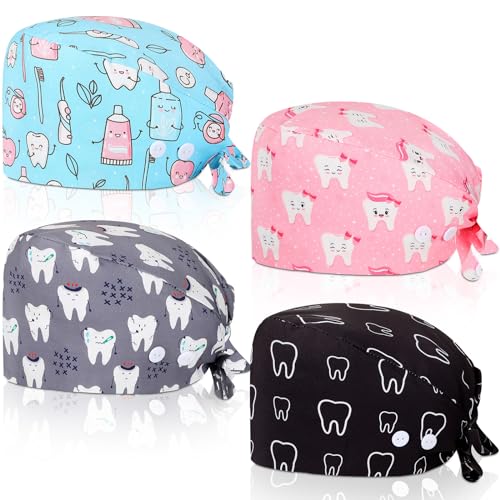 Image of Unittype 4 Pcs Nurse Caps for Women Nursing Working Caps with Button and Sweatband Adjustable Elastic Scrub Hats for Dentist